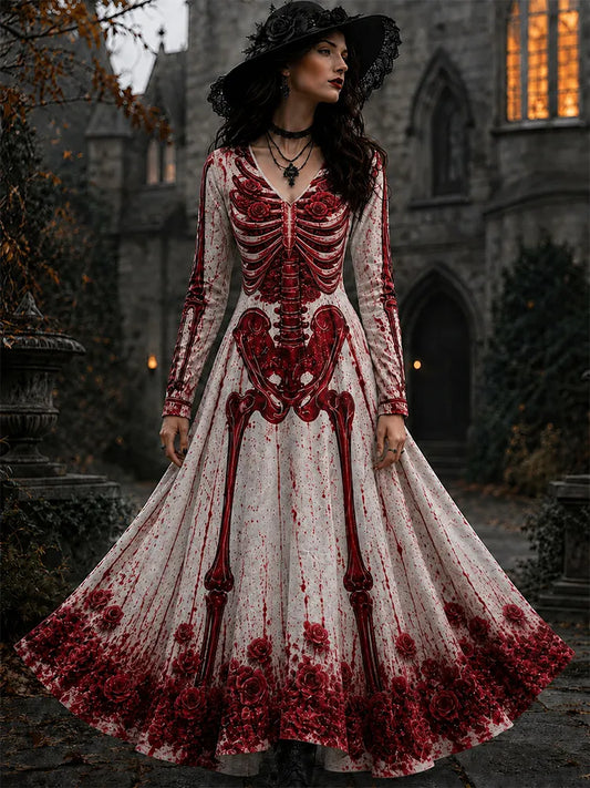 Women's Halloween Retro Gothic Skull Floral Print V-neck Maxi Dress