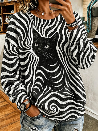 Women's Retro Halloween Black Cat Striped Sweatshirt