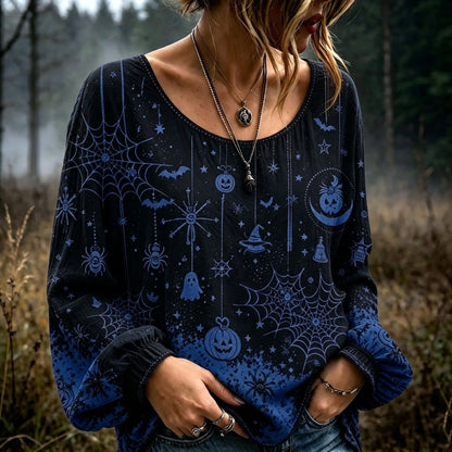 Women's Halloween-themed Spiderweb And Pumpkin Embroidered Print Top