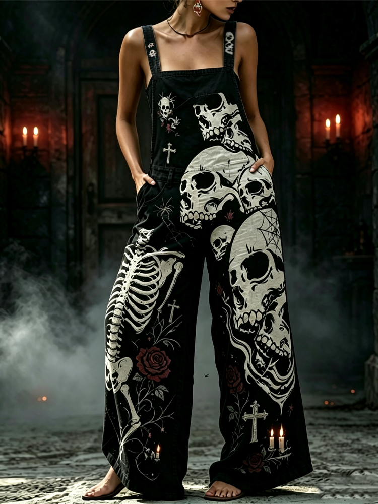 Women's Gothic Style Halloween Skull Skeleton Rose Strap Overalls Jumpsuit