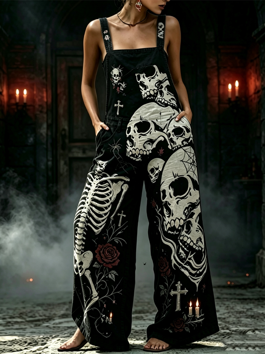 Women's Gothic Style Halloween Skull Skeleton Rose Strap Overalls Jumpsuit