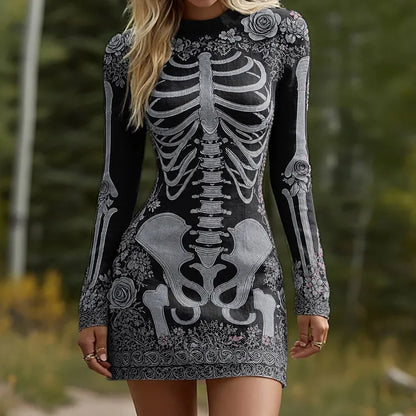 Women's Halloween Skeleton Bones Leather With Rose Pattern Art Hot Sexy Style Cozy Knit Mini Sweater Dress