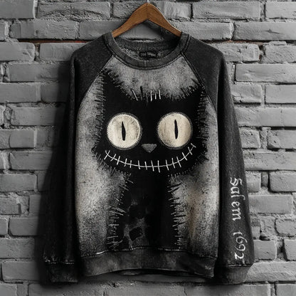 Women's Retro Halloween Black Cat Art Print Casual Sweatshirt