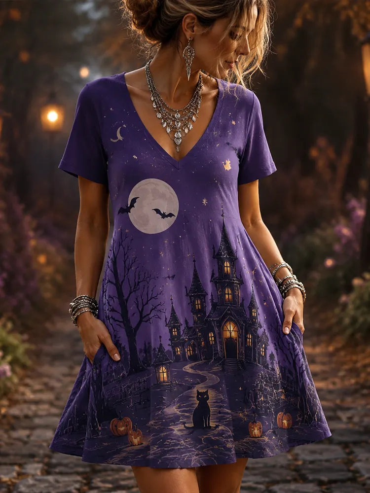 Women's Gothic Purple Halloween Haunted House, Moon And Black Cat Short Sleeve T-shirt Dress