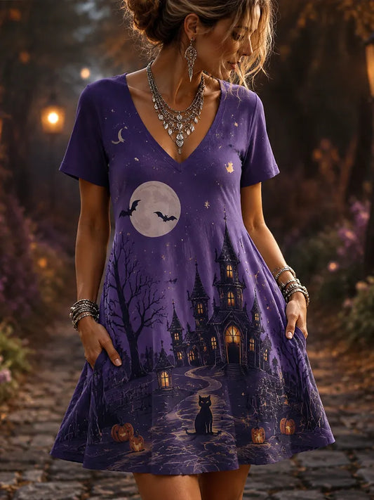 Women's Gothic Purple Halloween Haunted House, Moon And Black Cat Short Sleeve T-shirt Dress