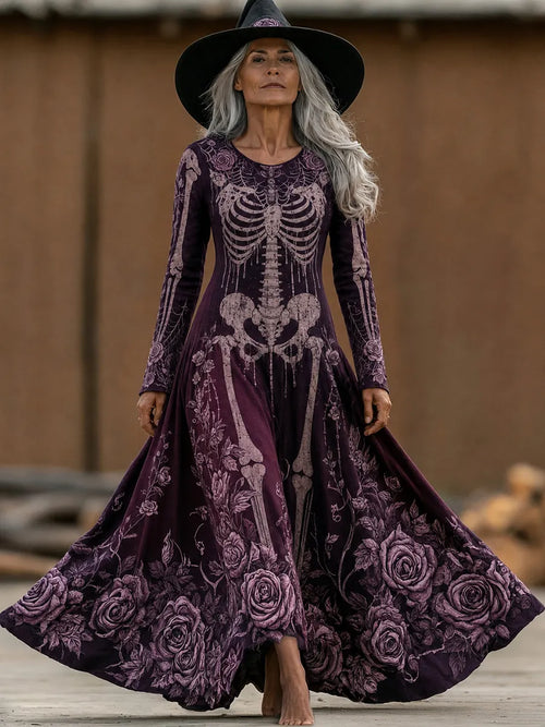 Women's Retro Halloween Skeleton Line And Floral Pattern Crew Neck Dress