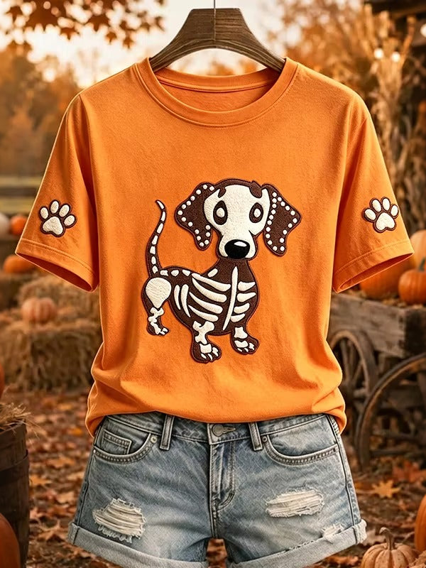 Women's Halloween Skull Dachshund Pattern Art Print Casual T-shirt