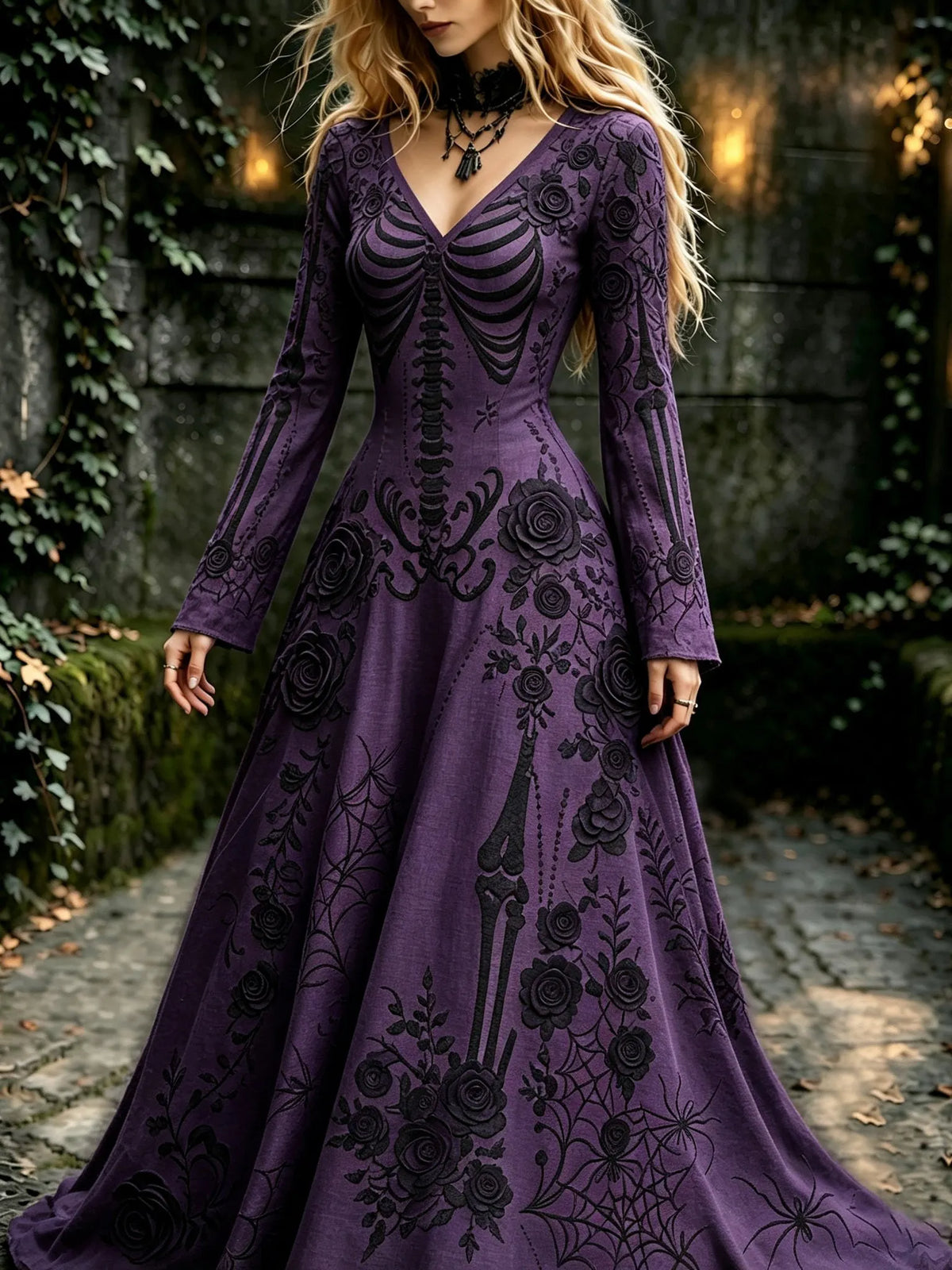Women's Retro Gothic Flowers With Skull Pattern Mixi Halloween Dress
