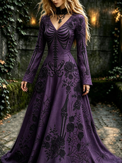 Women's Retro Gothic Flowers With Skull Pattern Mixi Halloween Dress
