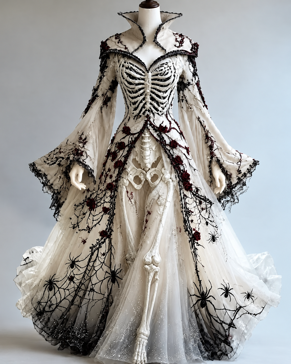 Women's Halloween-themed embroidered human skeleton irregular cape-style batwing sleeve stand collar dress8428