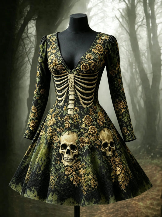 Women's Halloween Skull Flowers Moss Midi Dress