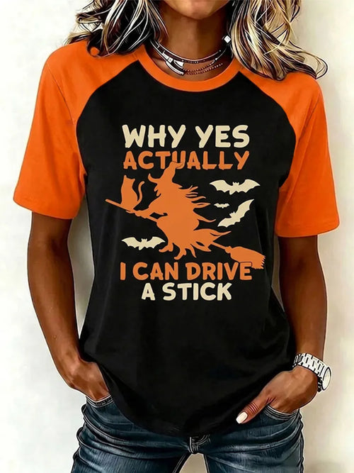 Women's Retro Halloween Theme Pattern I Can Drive A Stick Print Short-sleeve T-shirt