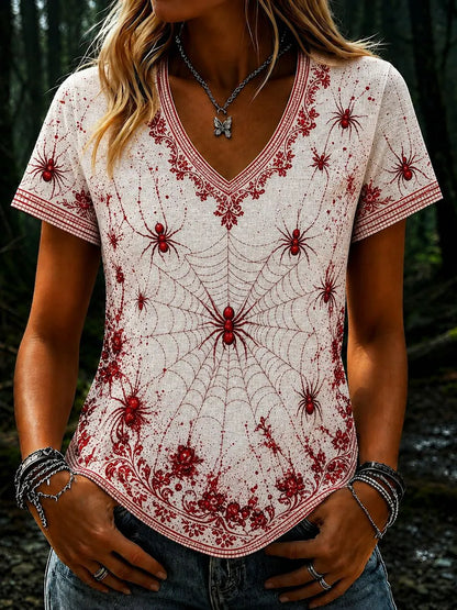 Women's Vintage Spider Art Pattern V-neck Short Sleeve T-shirt