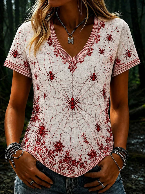 Women's Vintage Spider Art Pattern V-neck Short Sleeve T-shirt