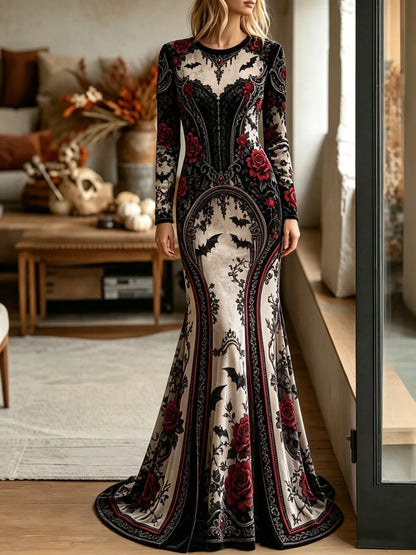 Women's Halloween Gothic Style Bat Red Rose Pattern Velvet Long Dress