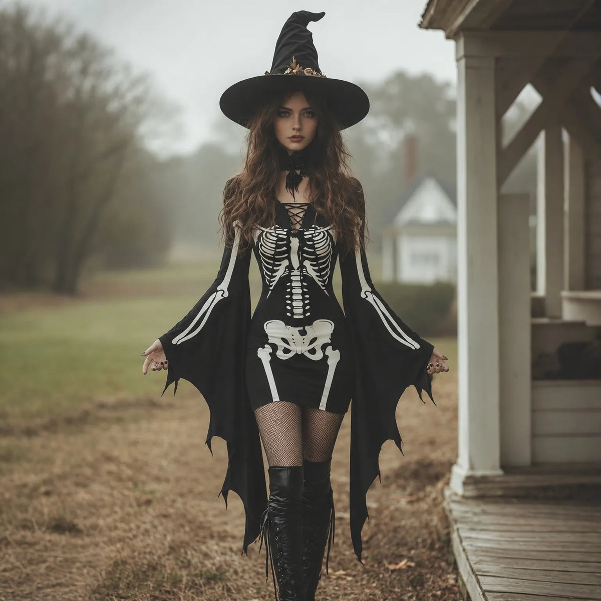 Women's Gothic Skeleton Batwing Flare Sleeve Lace‑up Bodycon Dress – Halloween Costume