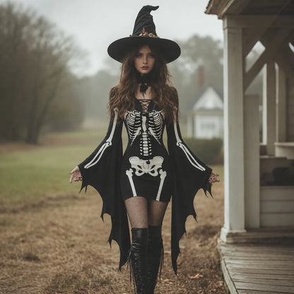 Women's Gothic Skeleton Batwing Flare Sleeve Lace‑up Bodycon Dress – Halloween Costume
