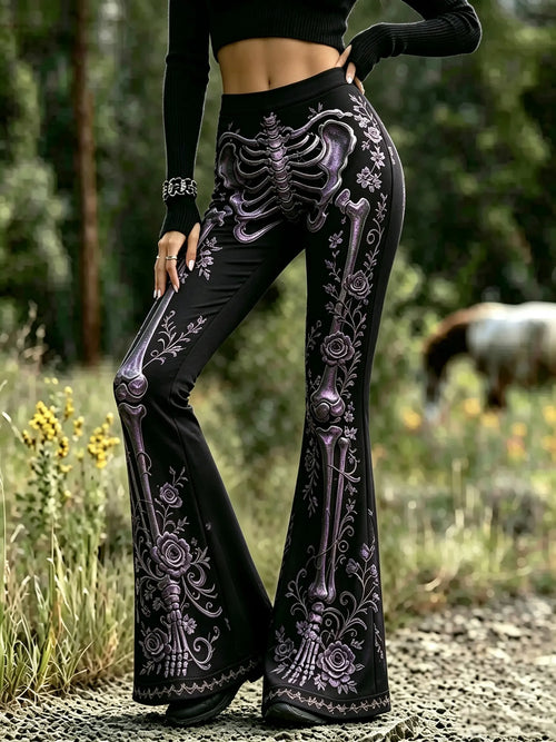 Women’s Goth Skeleton Floral Print Flare Pants