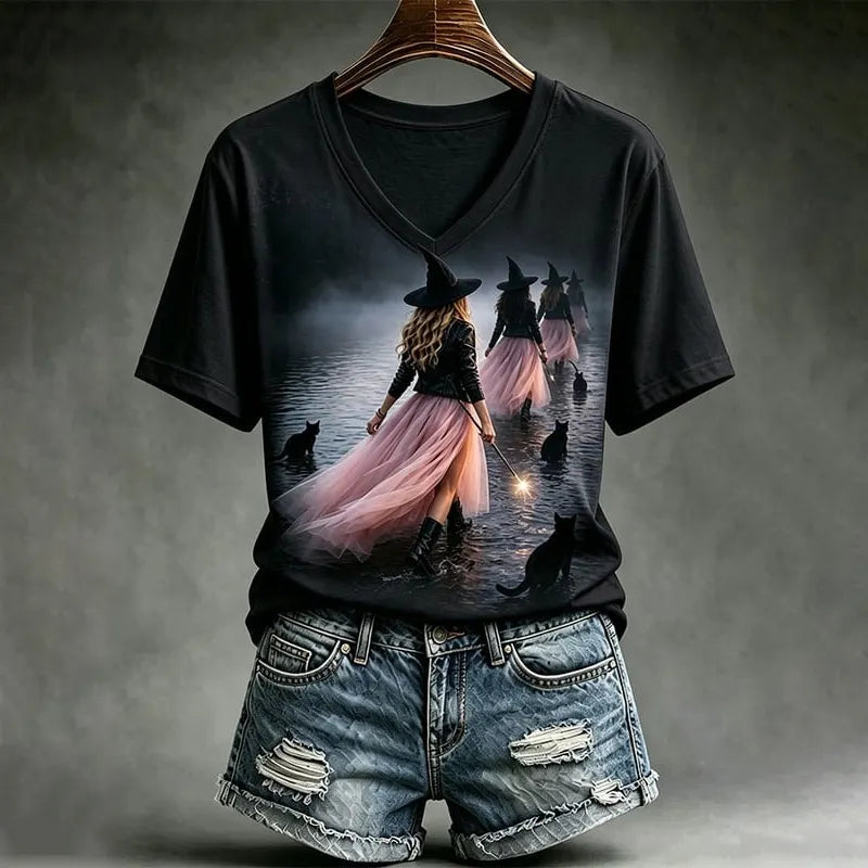 Women's Retro Halloween Cat Print Pattern Casual V-neck T-shirt