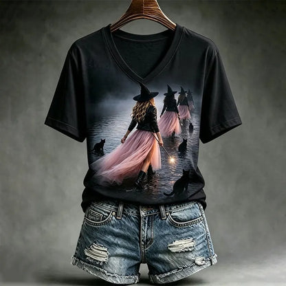 Women's Retro Halloween Cat Print Pattern Casual V-neck T-shirt