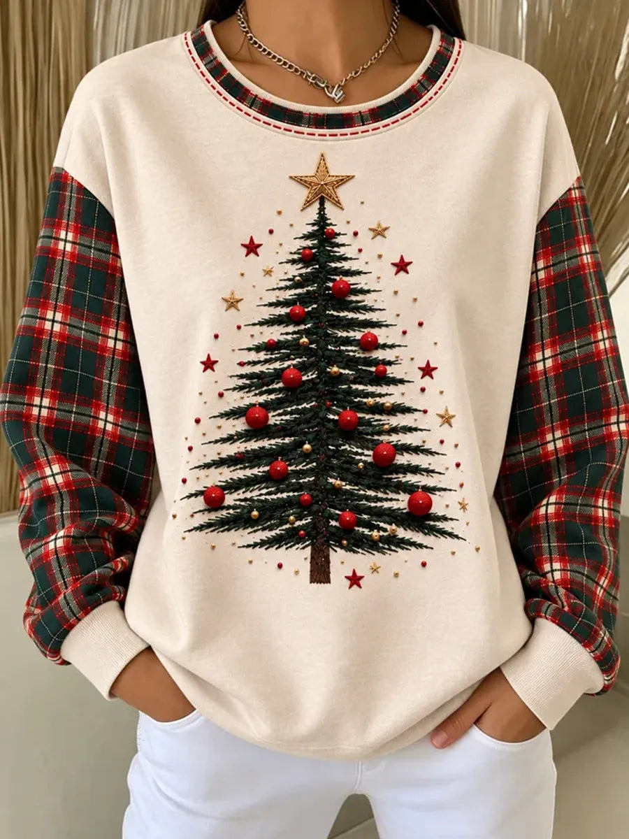 Women'S Casual Christmas Plaid Crew Neck Long Sleeve Sweatshirt