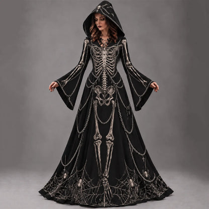 Women's Halloween Gothic Skeleton Metal Chain Design Long-sleeve Hooded Long Dress