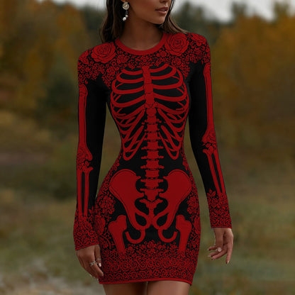 Women's Vintage Halloween Skeleton Bones With Rose Art  Mini Dress