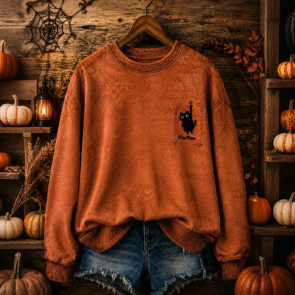 Women's Halloween Cute Cat 'i'm Fine' Print Crew Neck Sweatshirt
