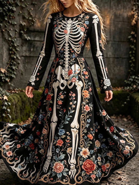 Women's Vintage Halloween Skeleton And Floral Art Print Crew Neck Long Sleeve Maxi Dress