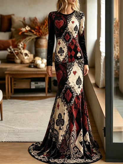 Women's Halloween Gothic Style Red Queen Of Hearts Playing Card Diamond Pattern Velvet Long Dress