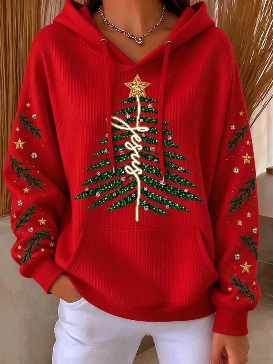 Women Jesus Christmas Tree Glitter Print White Hoodie