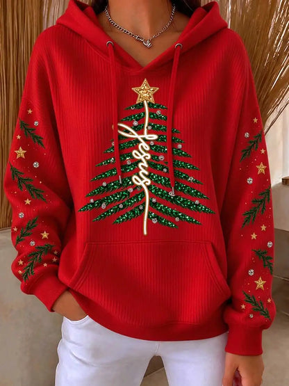 Women Jesus Christmas Tree Glitter Print White Hoodie