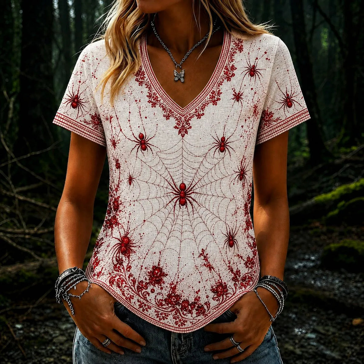 Women's Vintage Spider Art Pattern V-neck Short Sleeve T-shirt
