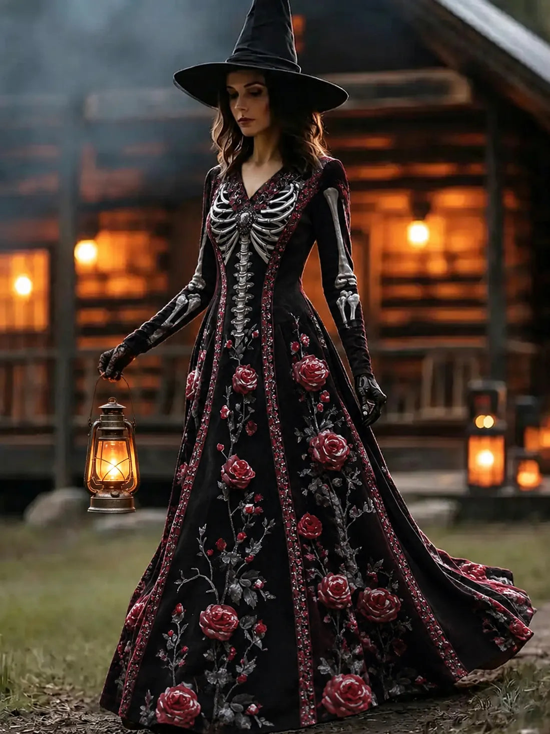 Women's Retro Halloween Gothic With Floral Pattern Print V-neck Maxi Dress