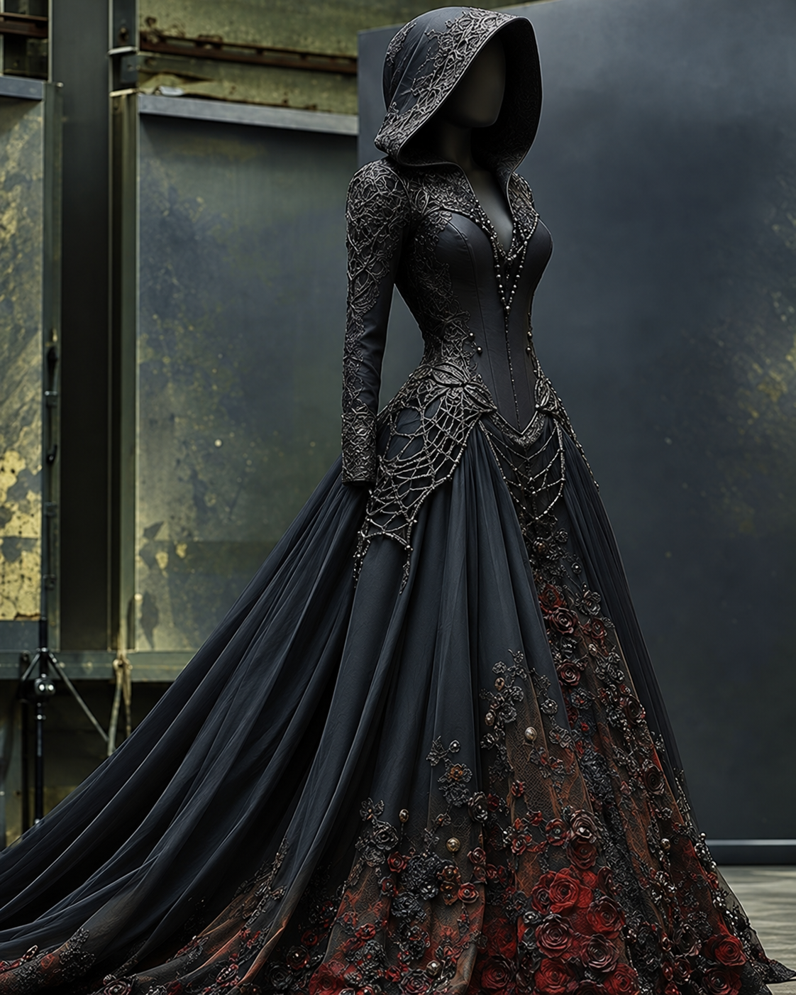 Halloween themed embroidered irregular lace patchwork hooded dress 46c4