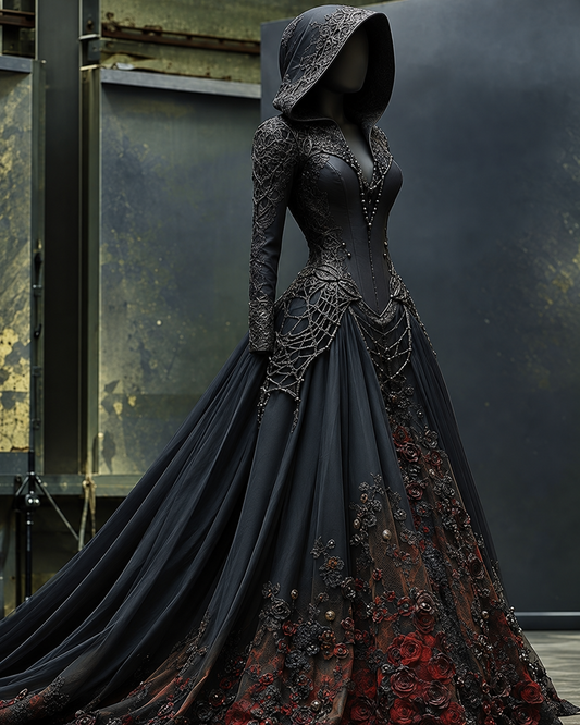 Halloween themed embroidered irregular lace patchwork hooded dress 46c4