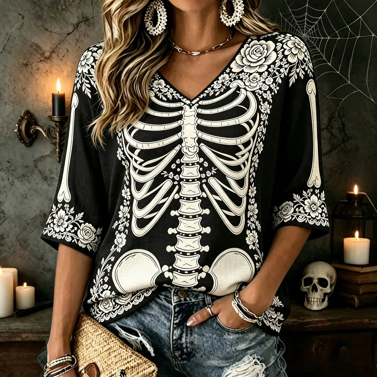 Women's Vintage Halloween White Rose And Human Skeleton Art Printed Mid-length Sleeves V-neck T-shirt
