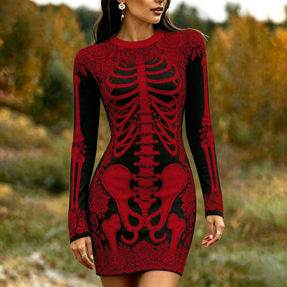 Women's Gothic Skeleton White Rose Art Print Bodycon Mini Dress