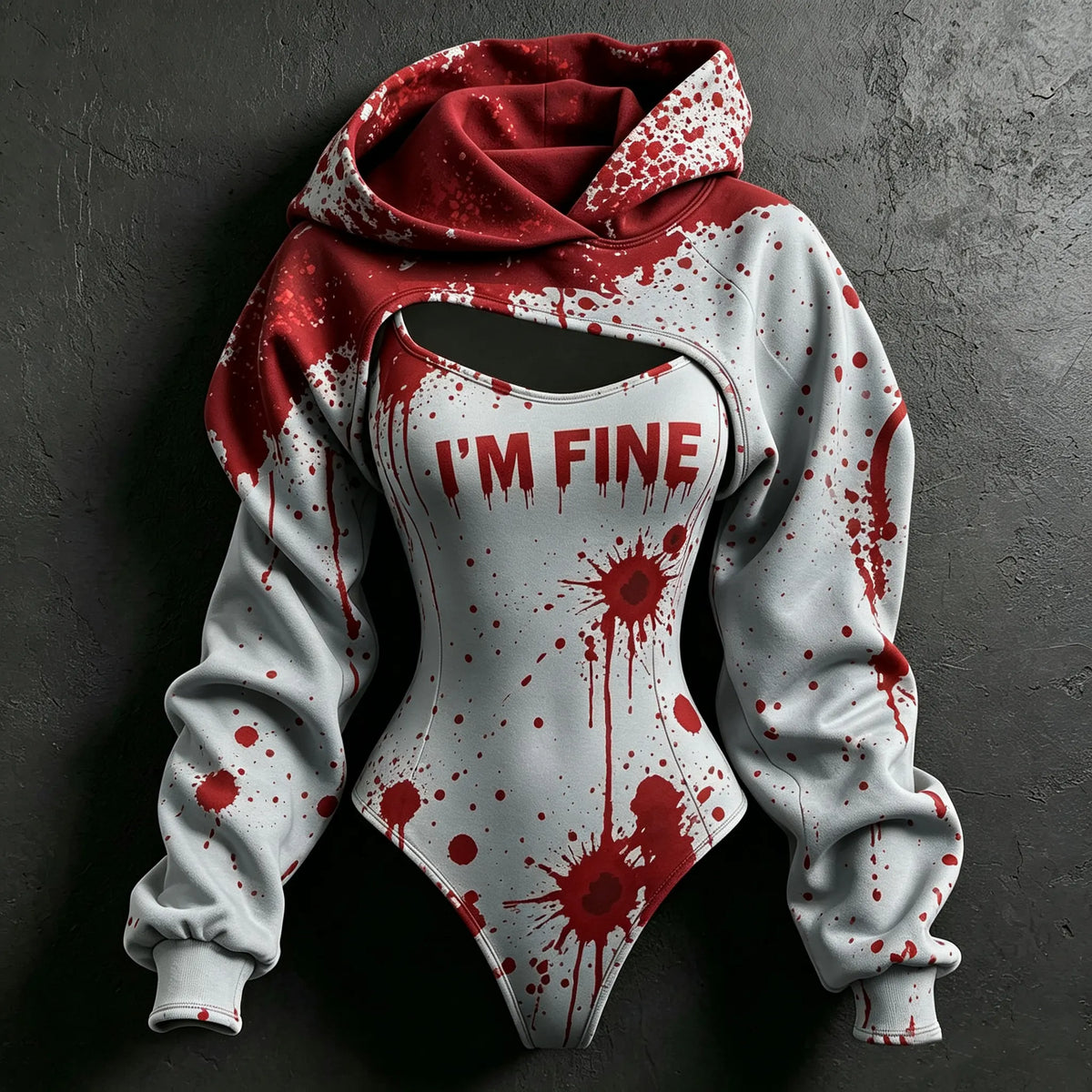 Women's Retro Halloween Bloodstain I'm Fine Print Hoodie Two-piece Set