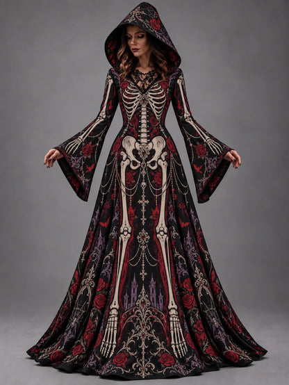 Women's Halloween Gothic Skeleton & Floral Long-sleeve Hooded Long Dress