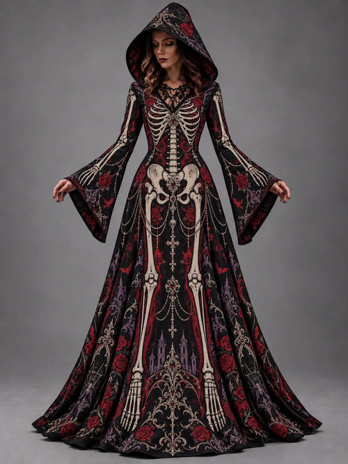 Women's Halloween Gothic Skeleton & Floral Long-sleeve Hooded Long Dress