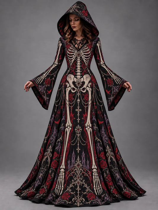 Women's Halloween Gothic Skeleton & Floral Long-sleeve Hooded Long Dress