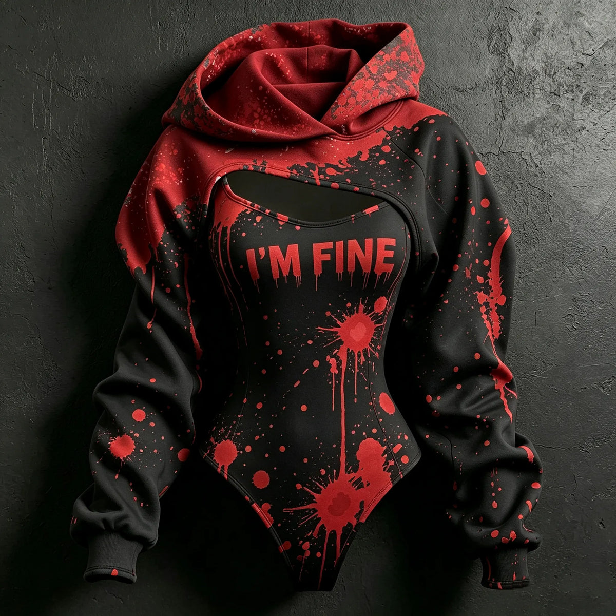 Women's Retro Halloween Bloodstain I'm Fine Print Hoodie Two-piece Set