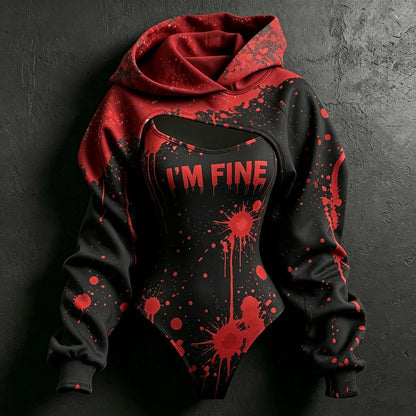 Women's Retro Halloween Bloodstain I'm Fine Print Hoodie Two-piece Set