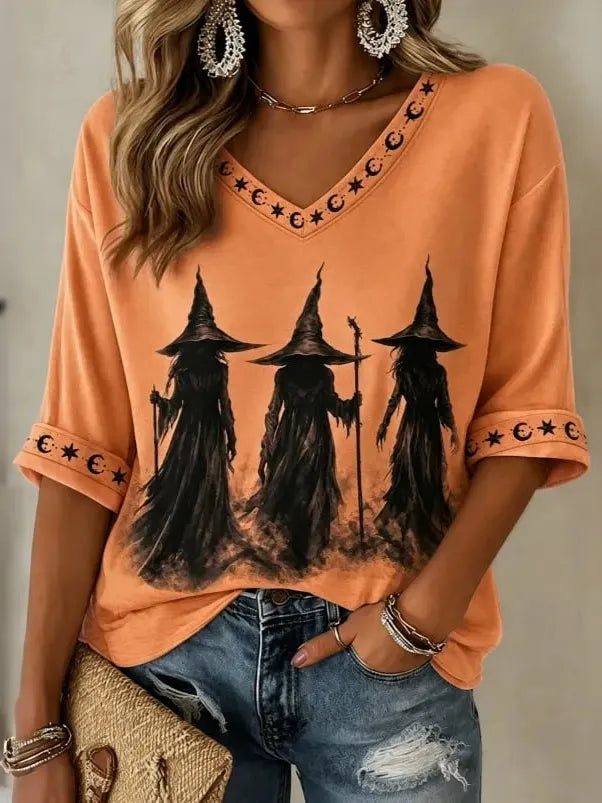 Women's Retro Halloween Magic Print Mid-sleeve T-shirt