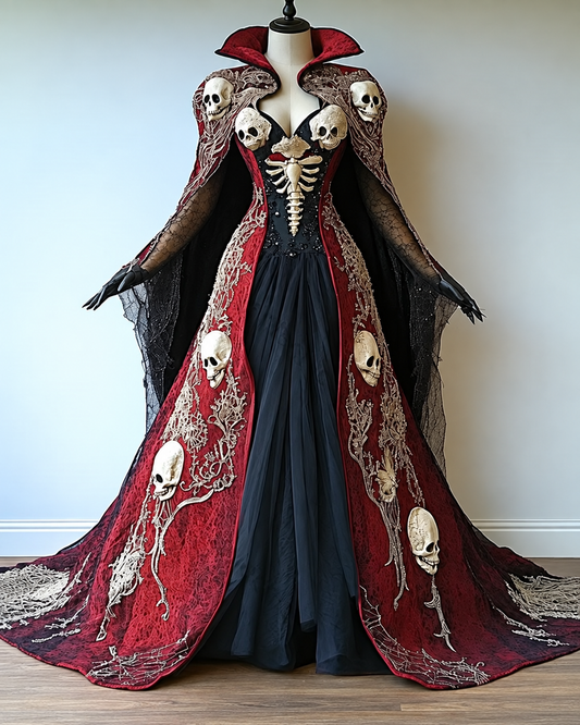 Halloween Themed Contrasting Skull Embroidered Velvet Stand Collar Dress  4865