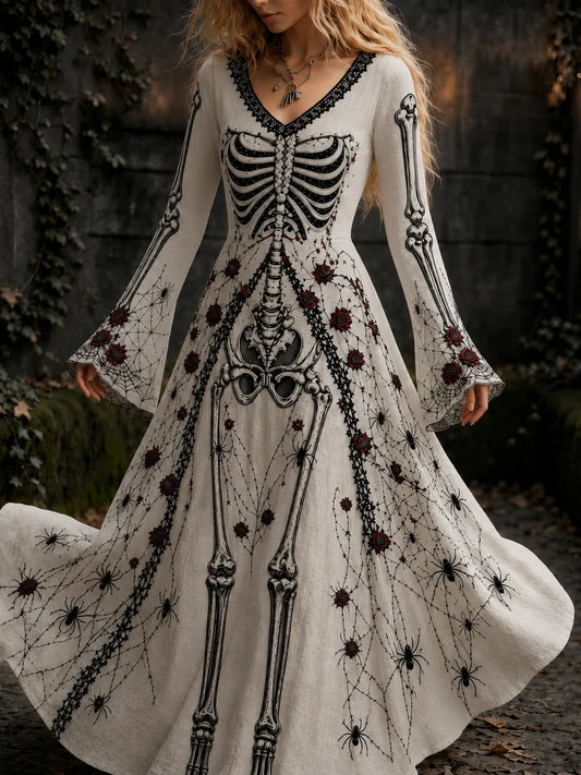Women's Vintage Halloween Gothic Skeleton Roses Art Print Long Sleeve Linen Maxi Dress