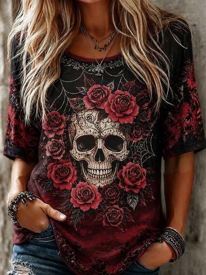 Vintage Gothic Skull Spider Flower Embroidery Short Sleeve Top