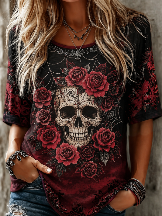 Vintage Gothic Skull Spider Flower Embroidery Short Sleeve Top