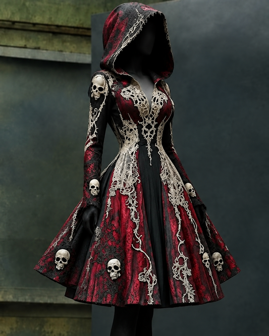 Women's Halloween-Themed Skull-Printed Cropped Hooded Dress5170